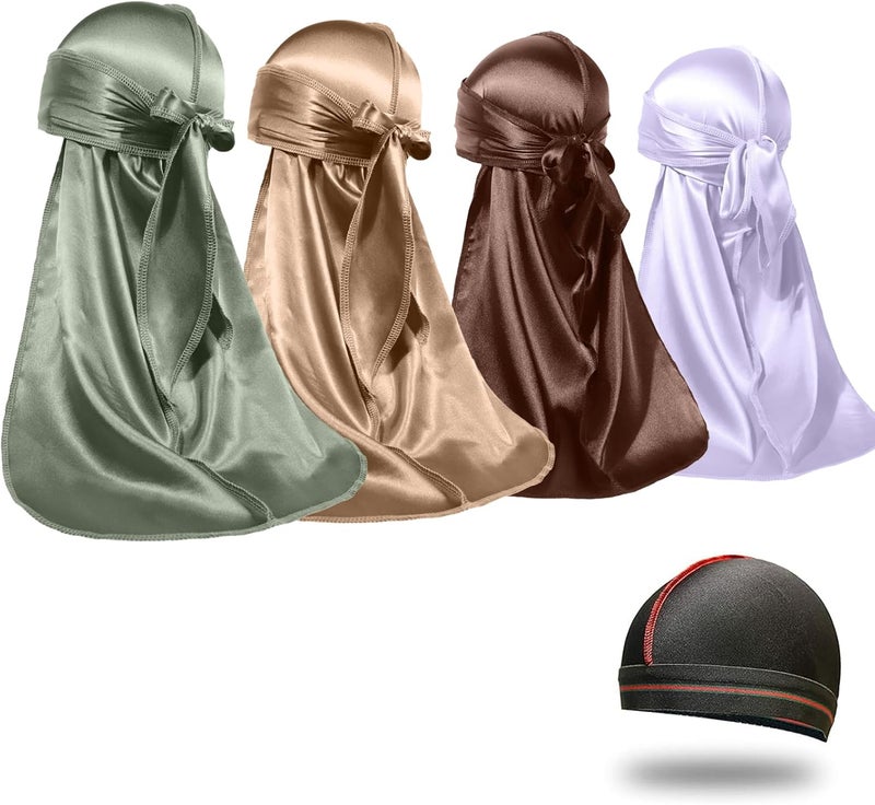 ForceWave 4PCS Silky Durags for Men Women 360 Waves with 1 Wave Cap, Silky Satin Durag Extra Long Tails - Image 1